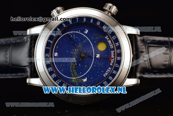 Patek Philippe Grand Complication Sky Moon Celestial Compass Miyota 9015 Automatic Steel Case with Blue Dial and Blue Genuine Leather Strap (GF) - Click Image to Close